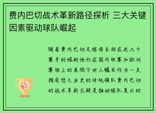 费内巴切战术革新路径探析 三大关键因素驱动球队崛起