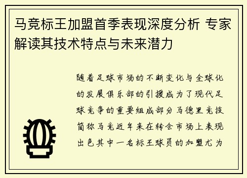 马竞标王加盟首季表现深度分析 专家解读其技术特点与未来潜力
